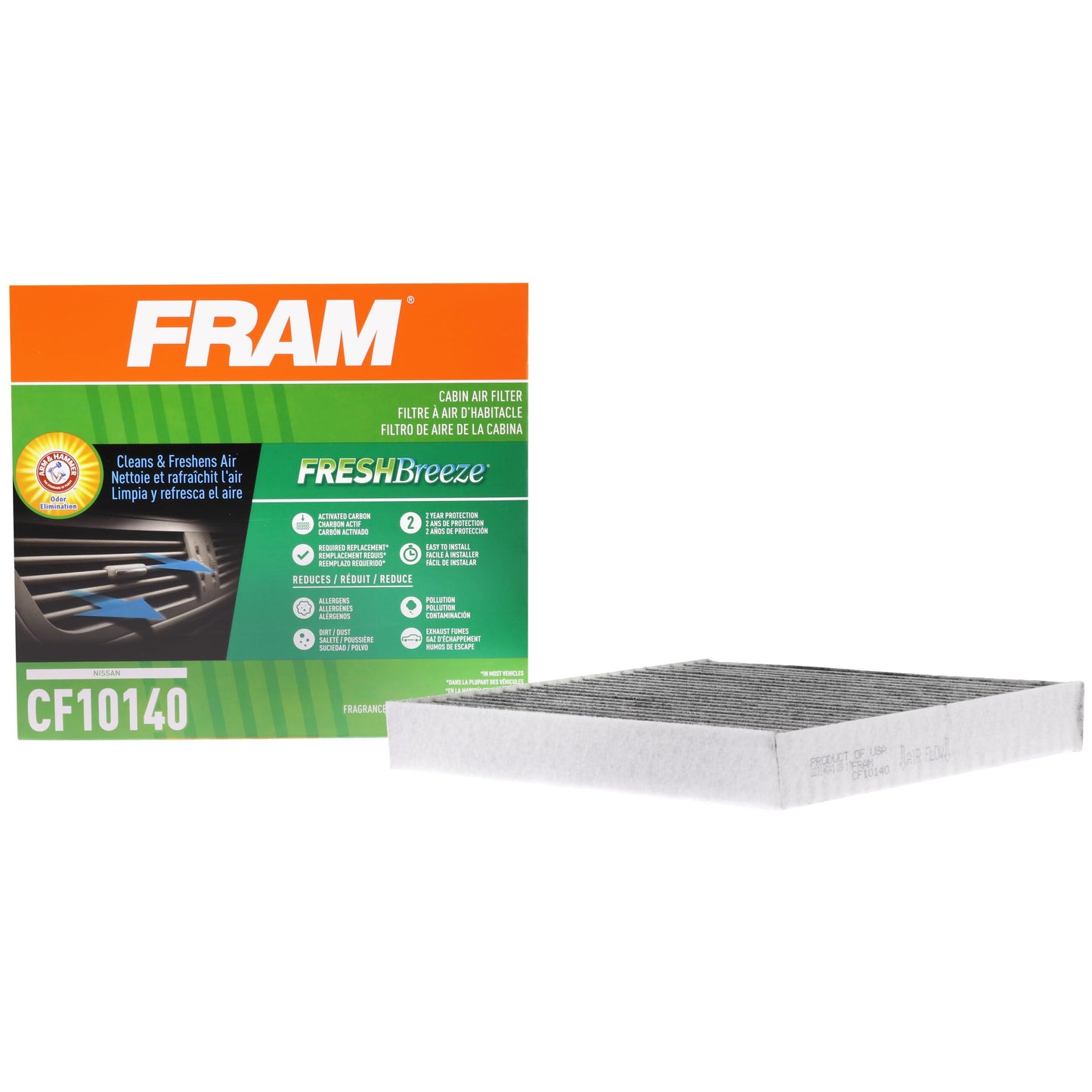 FRAM Fresh Breeze Cabin Air Filter Replacement for Car Passenger Compartment w/Arm and Hammer Baking Soda, Easy Install, CF10140 for Select Nissan, Infiniti and Mitsubishi Vehicles