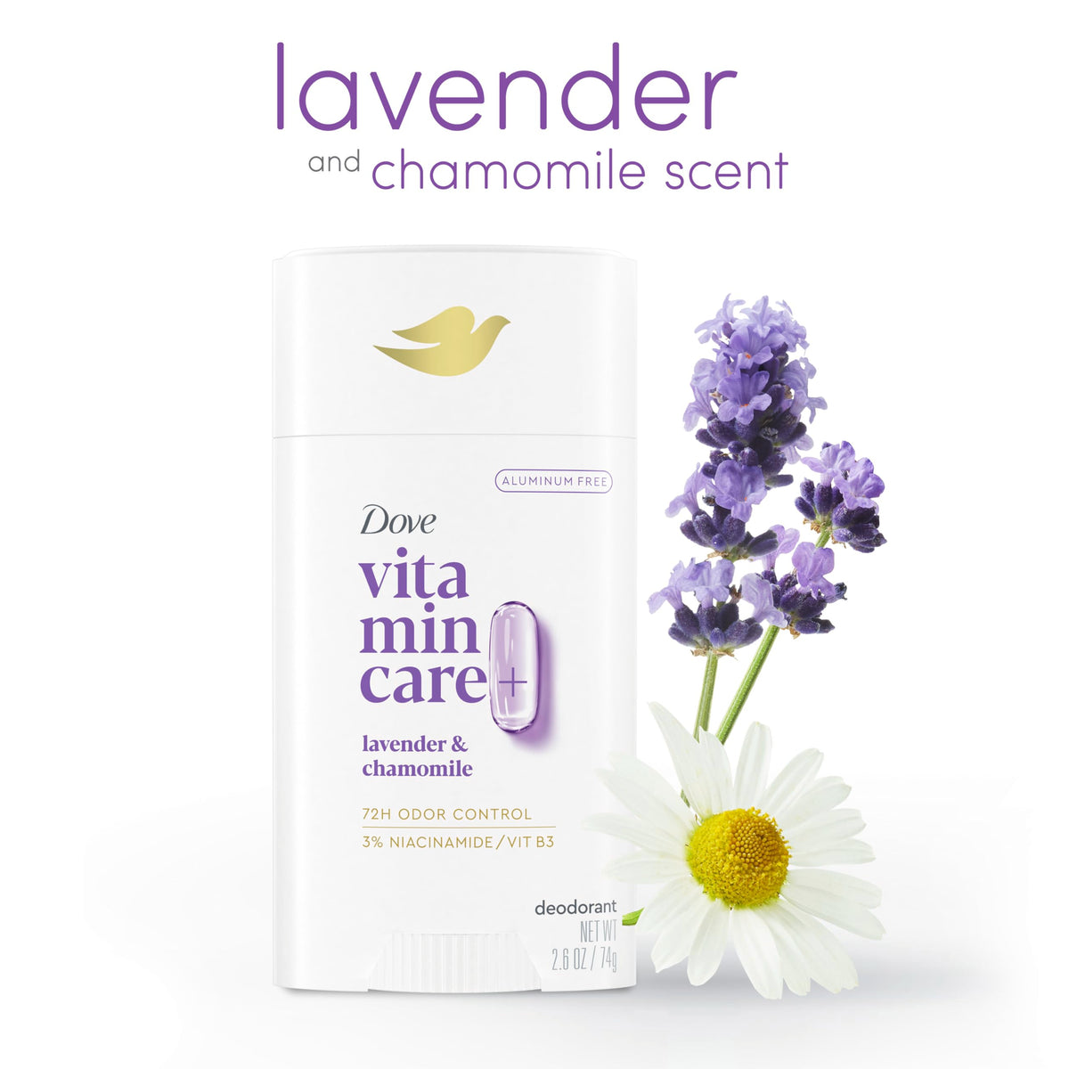 Dove VitaminCare+ Aluminum Free Deodorant Stick for 72H Odor Protection Lavender & Chamomile Breathable Deodorant for Women 2.6 oz