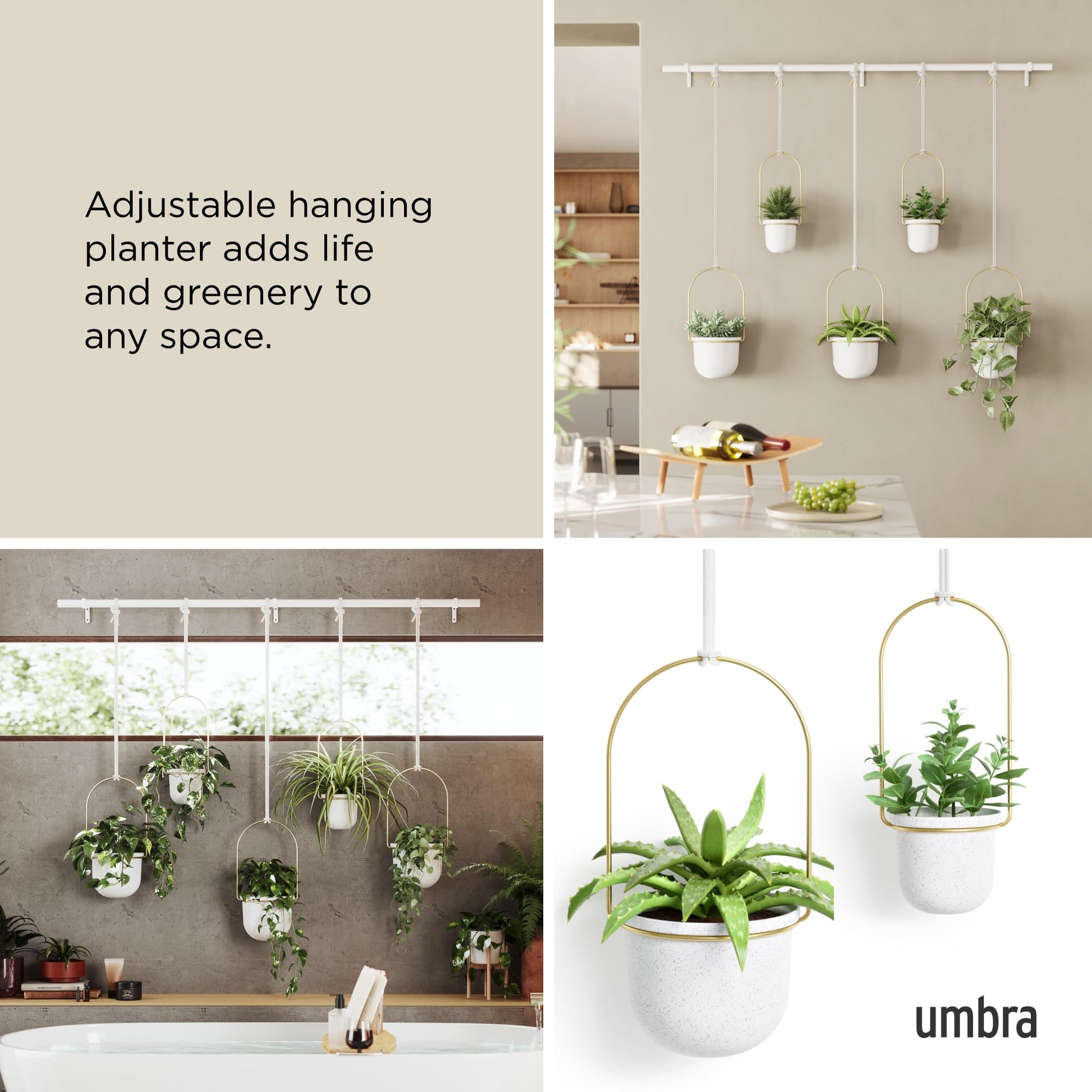 Umbra Triflora Hanging Planter for Window, Indoor Herb Garden, Set of 5, White/Brass