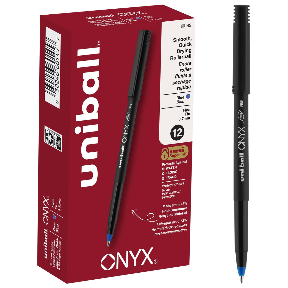 Sanford Uniball Onyx Roller Stick Pen, 0.7mm Fine, Blue Ink, Dozen (60145)