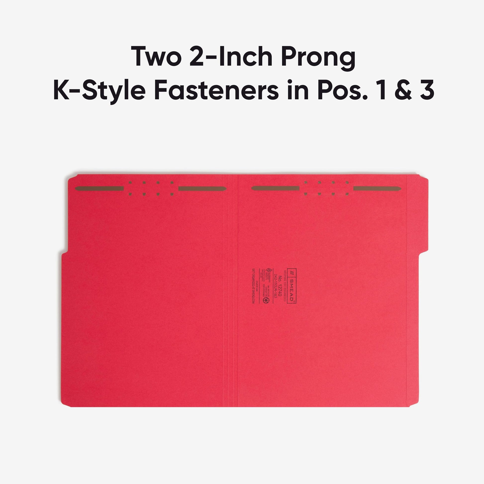 Smead Fastener File Folders, 50 Count, Red, Reinforced 1/3-Cut Tabs, 2 Fasteners, Letter Size (12740)