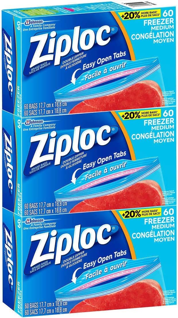 Ziploc Medium Quart Size (6.96" x7.40") Freezer Storage Bags Easy Open Tabs - 180 Bags, 3 PK x 60 Bags