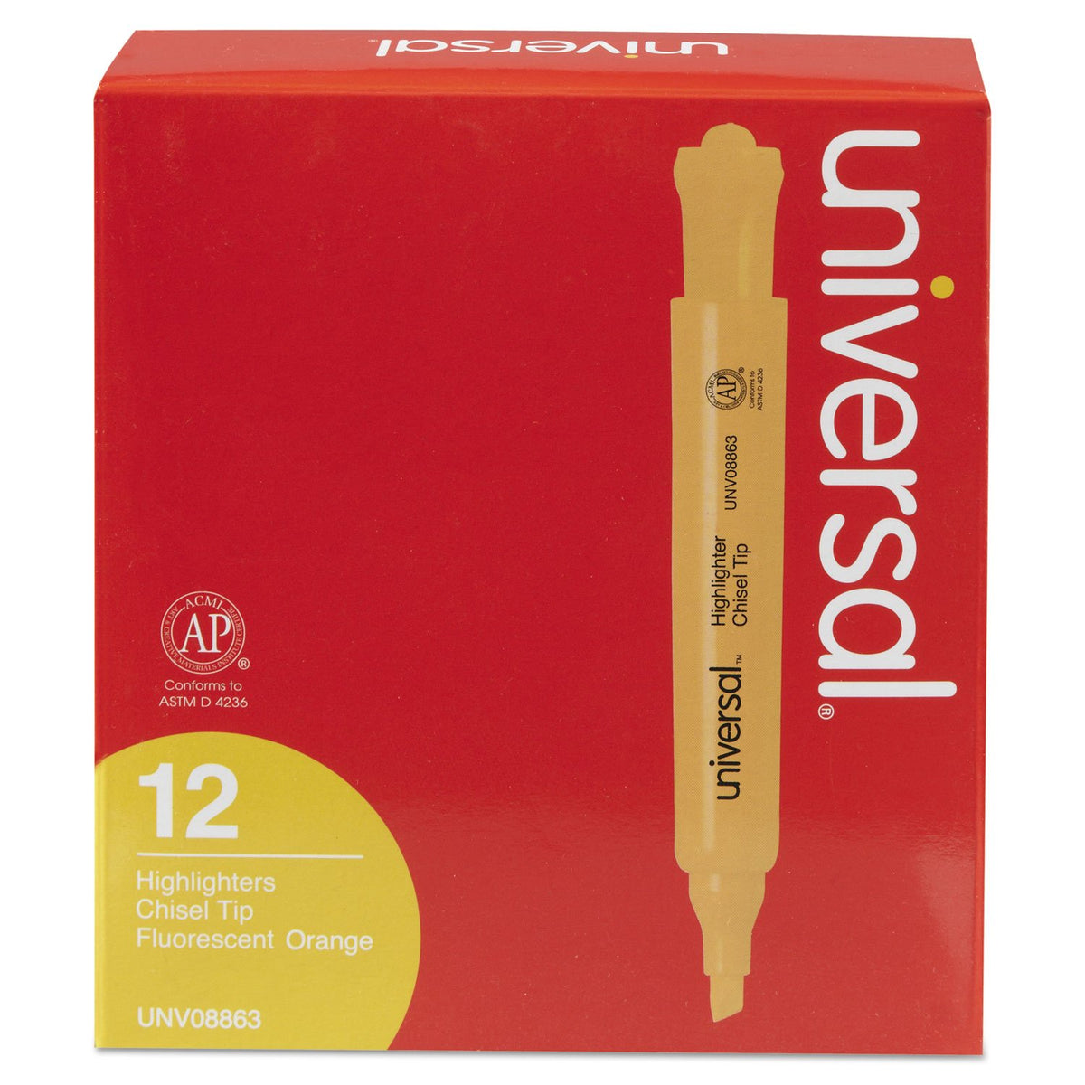 Universal Desk Highlighters, Fluorescent Orange Ink, Chisel Tip, Orange Barrel, Dozen