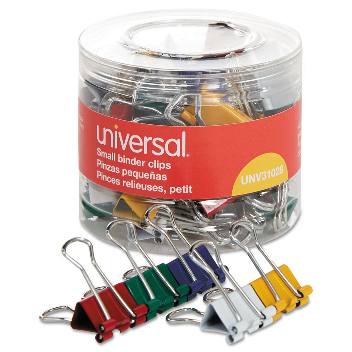 Universal UNV31028 Binder Clips with Storage Tub - Small, Assorted (40/Pack)