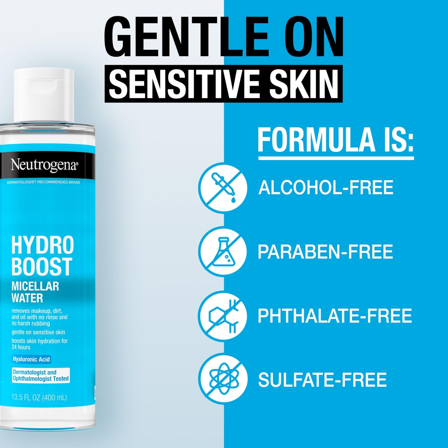 Neutrogena Hydro Boost Micellar Water with Hyaluronic Acid, Micellar Cleansing Water for Sensitive Skin, Removes Makeup, Dirt & Oil, Alcohol-Free, 13.5 fl oz