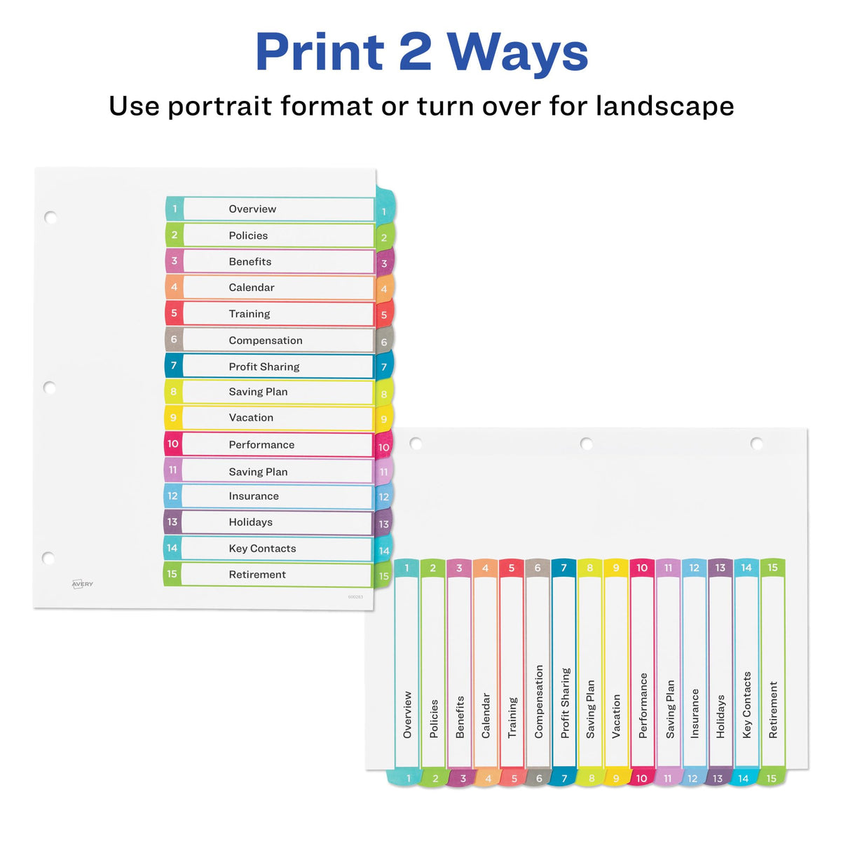 Avery 15 Tab Dividers for 3 Ring Binders, Customizable Table of Contents, Multicolor Tabs, 1 Set (11845)