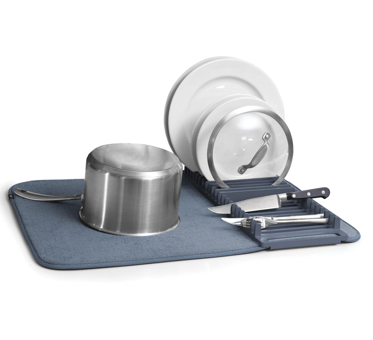 Umbra Udry Dish Rack and Microfiber Drying Mat – Space-Saving Design Folds Up for Easy Storage, Basic Rack, Denim
