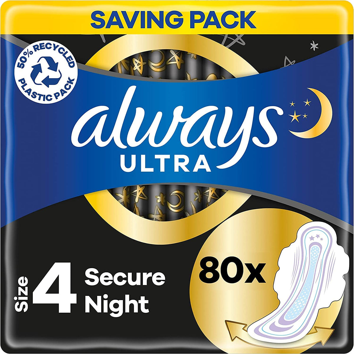 Always Ultra Sanitary Towels/Pads with Wings, Secure Night Size 4, Ultra Thin, 80 Towels (20 x 4 Packs), Super Saving Box, Odour Neutraliser, Super Absorbent Core