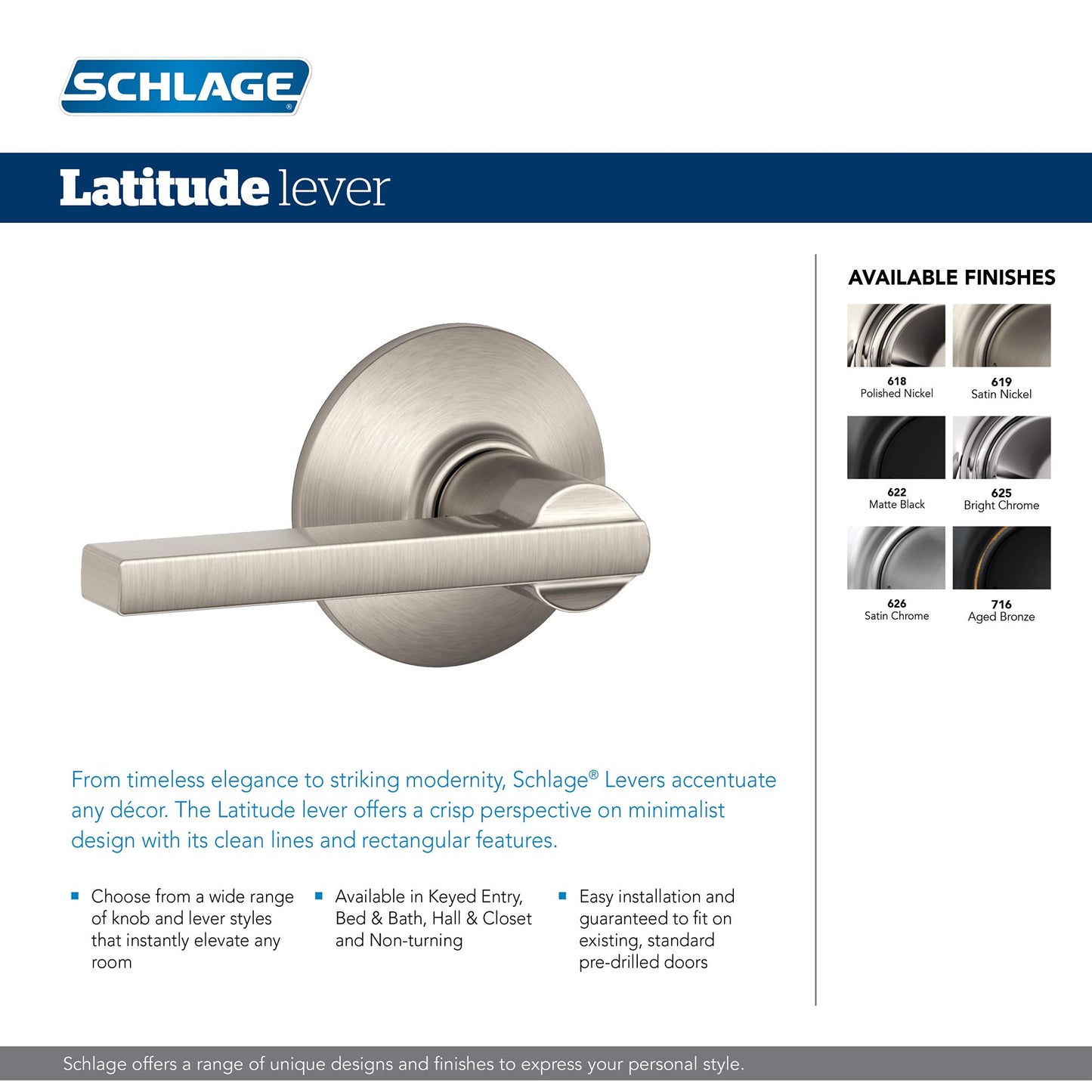 Schlage F10 LAT 625 Latitude Door Lever, Hall & Closet Passage Lock, Bright Chrome