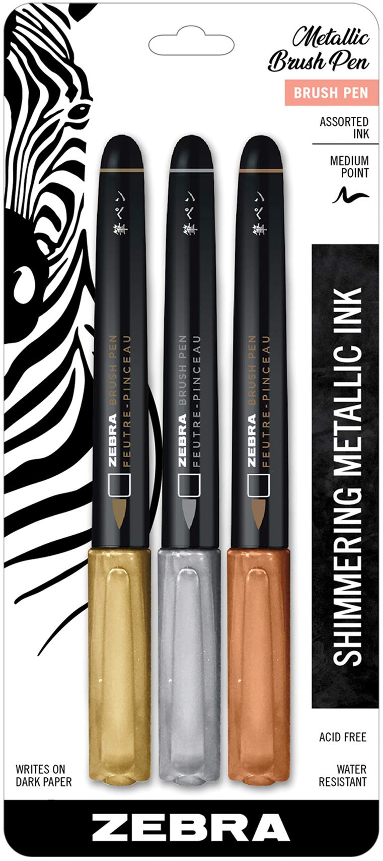 Zebra Pen Metallic Brush Pen, Medium Point, Pigment Ink, Assorted Colors, 3 Pack