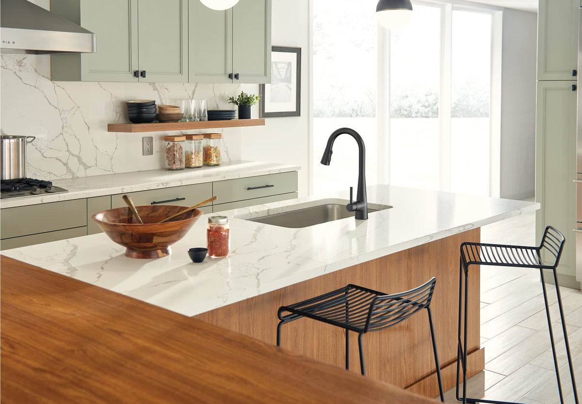 Moen Sleek Matte Black Smart Faucet Touchless Pull Down Sprayer Kitchen Faucet with Voice Control and Power Boost, 7864EVBL
