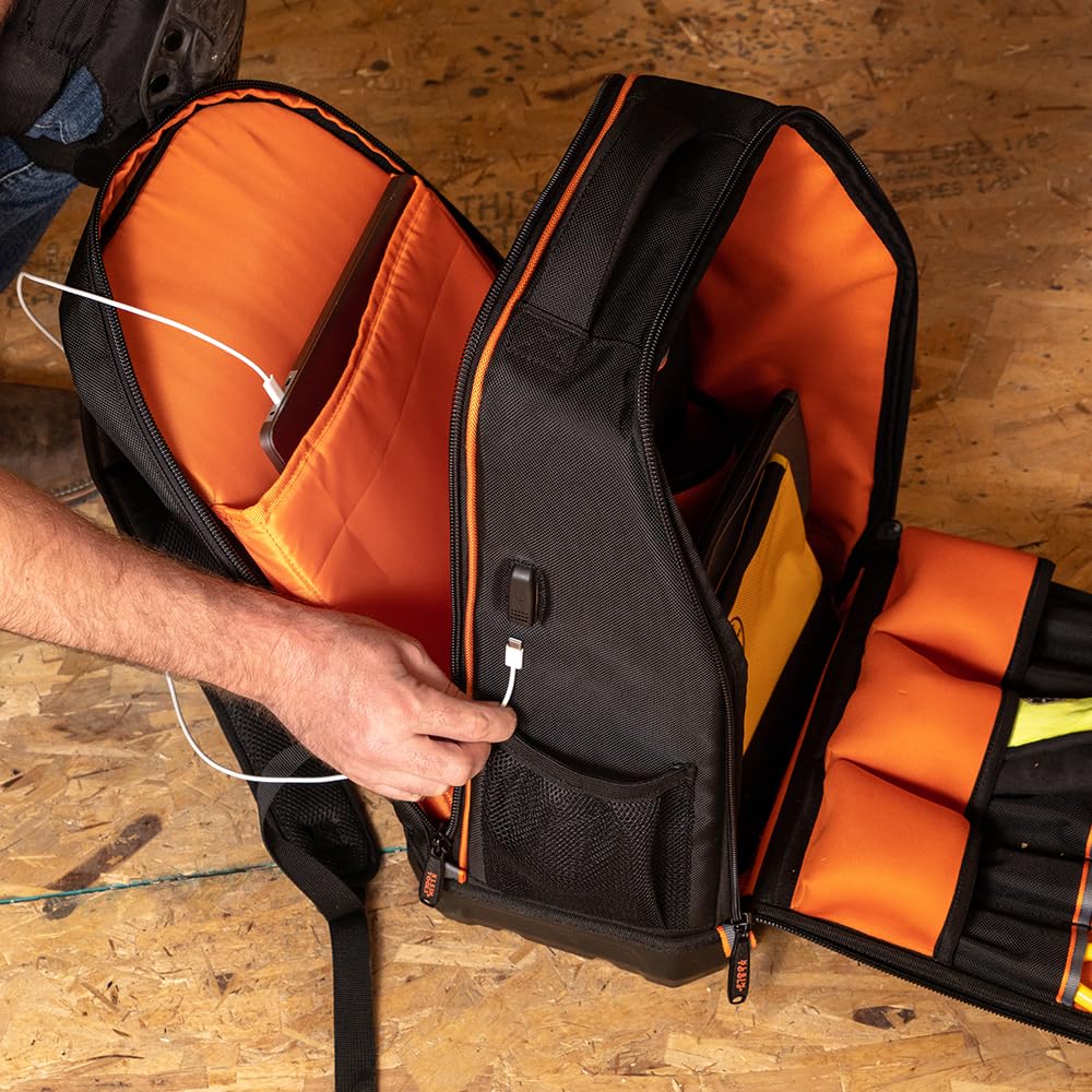 Klein Tools 62805BPTECH 28-Pocket Laptop Backpack Tool Bag, Tradesman Pro Extra-Large Tech Tool Backpack with Molded Bottom, Charging Port