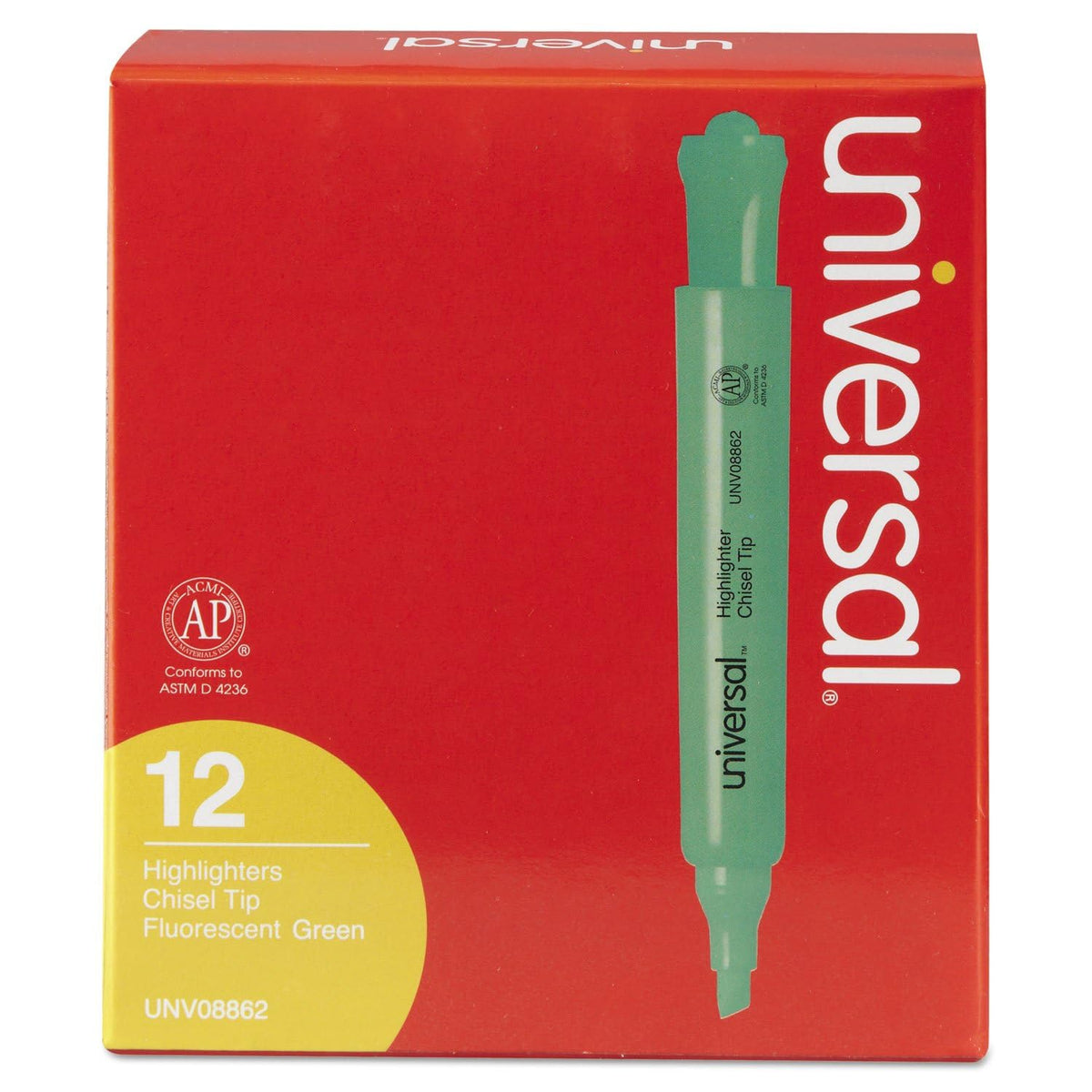 Universal Desk Highlighters, Fluorescent Green Ink, Chisel Tip, Green Barrel, Dozen