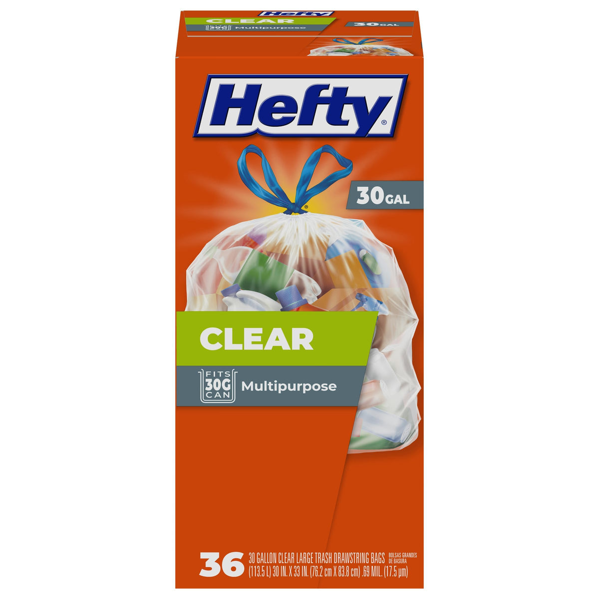 Hefty - Clear Large Trash Bags, Scent Free - 30 Gallon, 36 Count