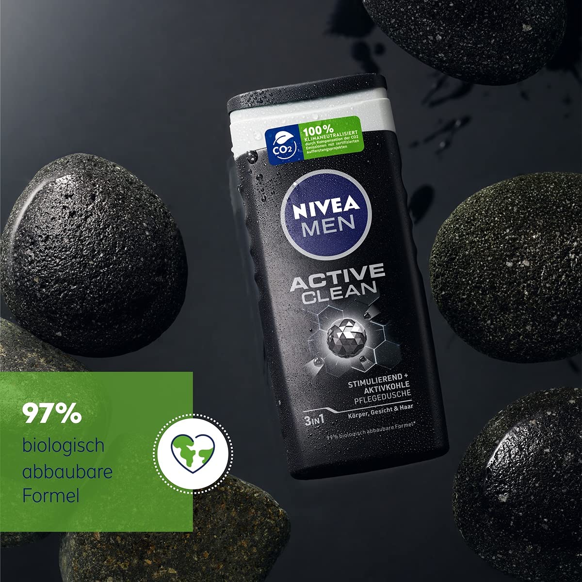 Nivea Men Active Clean Shower Gel (250 ml), Effective Shower Gel with Natural Activated Charcoal, Refreshing Shower for the Body, Face and Hair