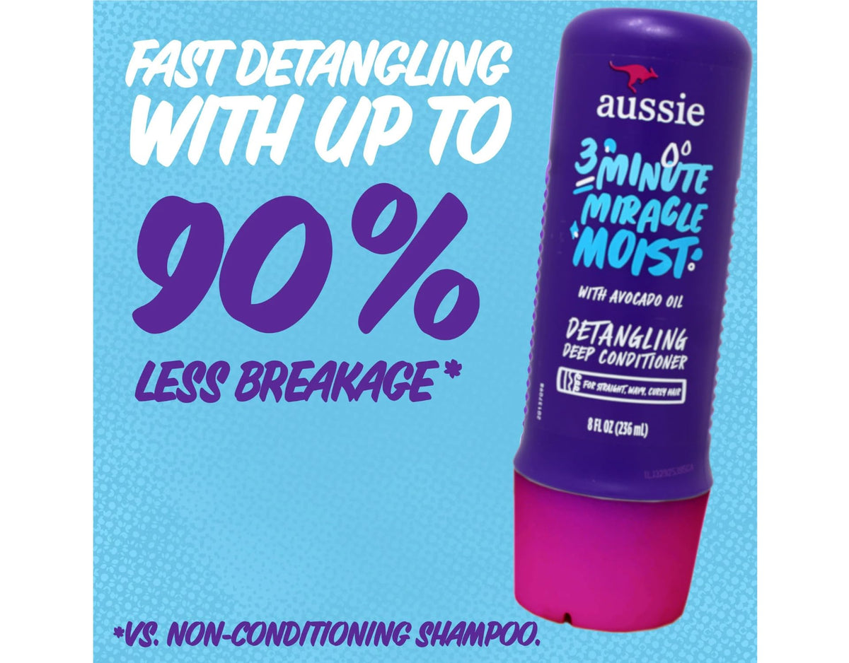 Aussie 3 Minute Miracle Moist Detangling Deep Conditioner Treatment with Avocado Oil, 8 fl oz, Paraben and Sulfate Free