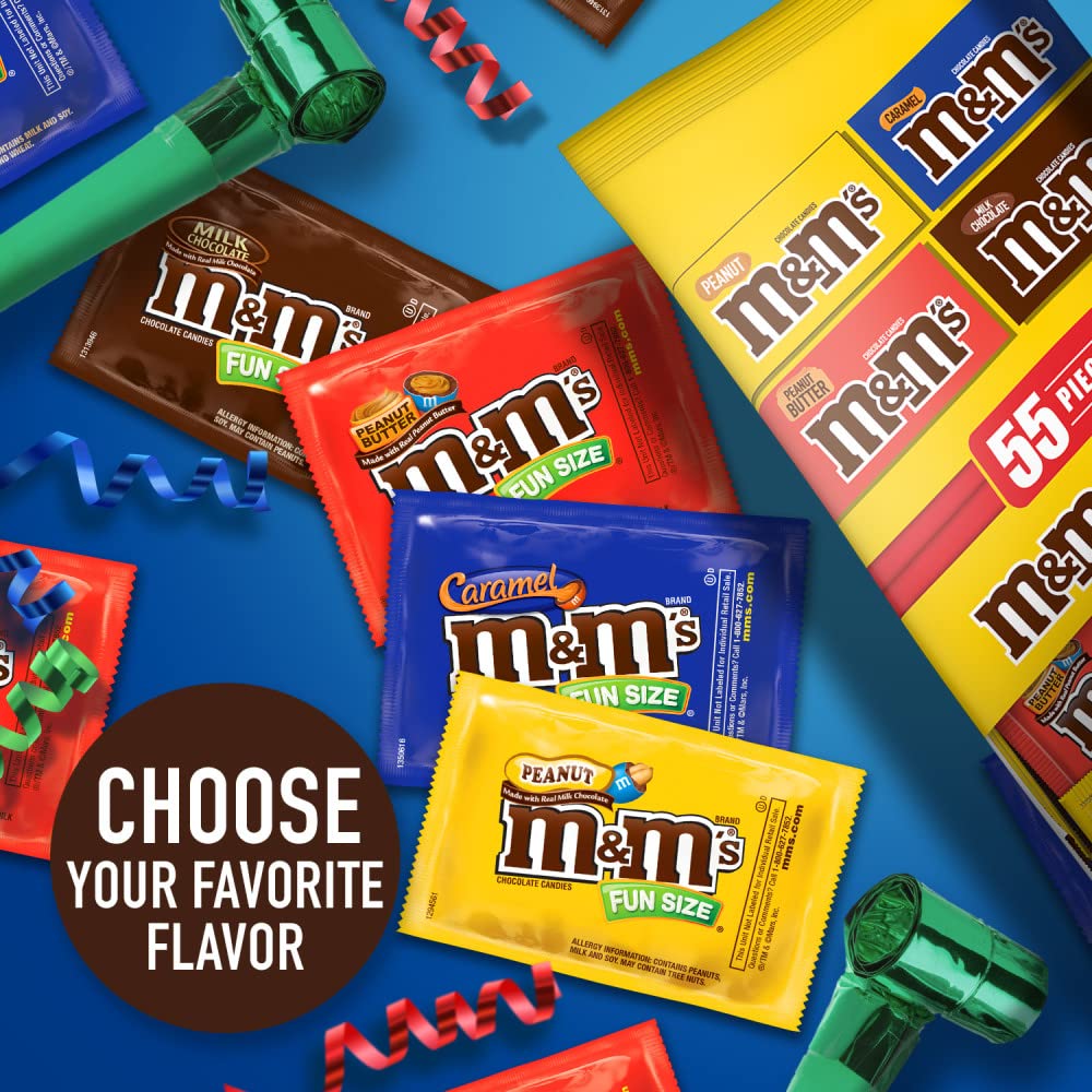 M&M'S Fun Size Milk Chocolate, Peanut, Peanut Butter & Caramel Candy Variety Pack, 30.35 oz/55 ct Bulk Candy Bag