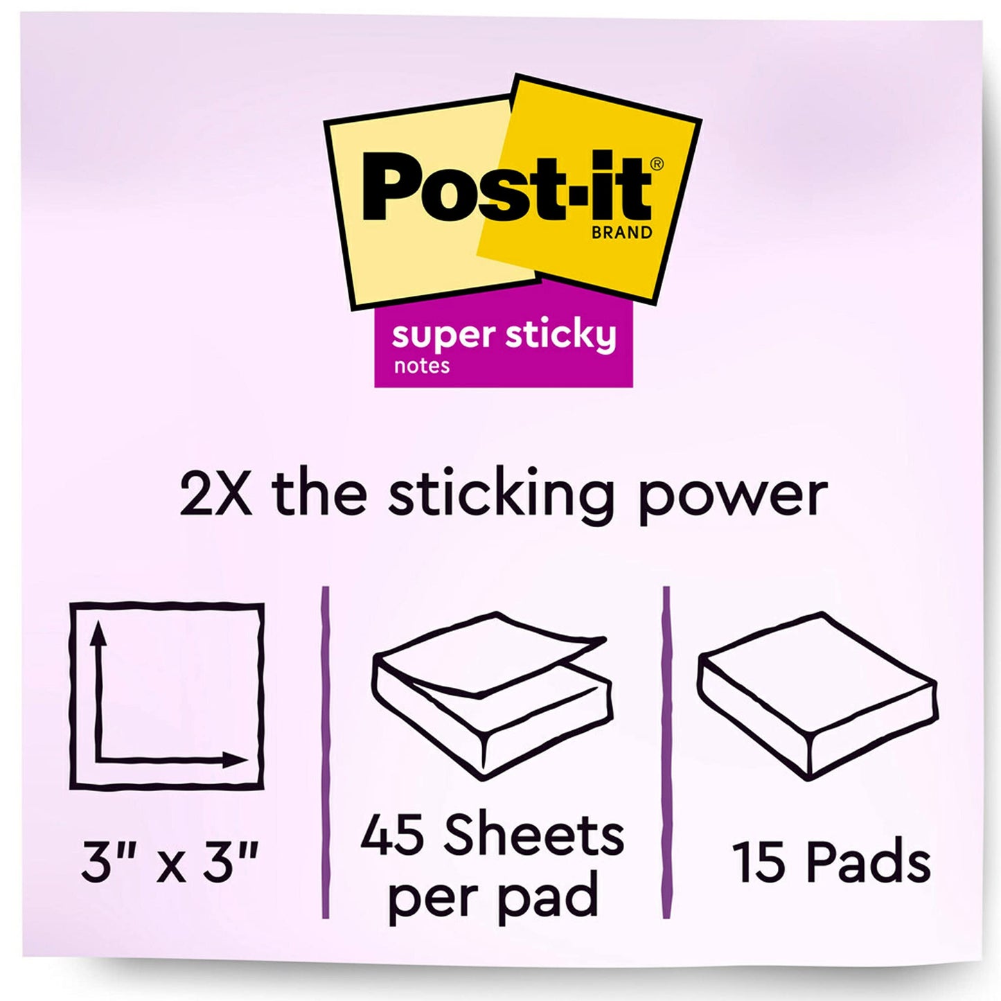 Post-it Super Sticky Notes, 3x3 in, Assorted Pastel Colors, 15 Pads, 2X The Sticking Power, Recyclable (654-15SSPS)
