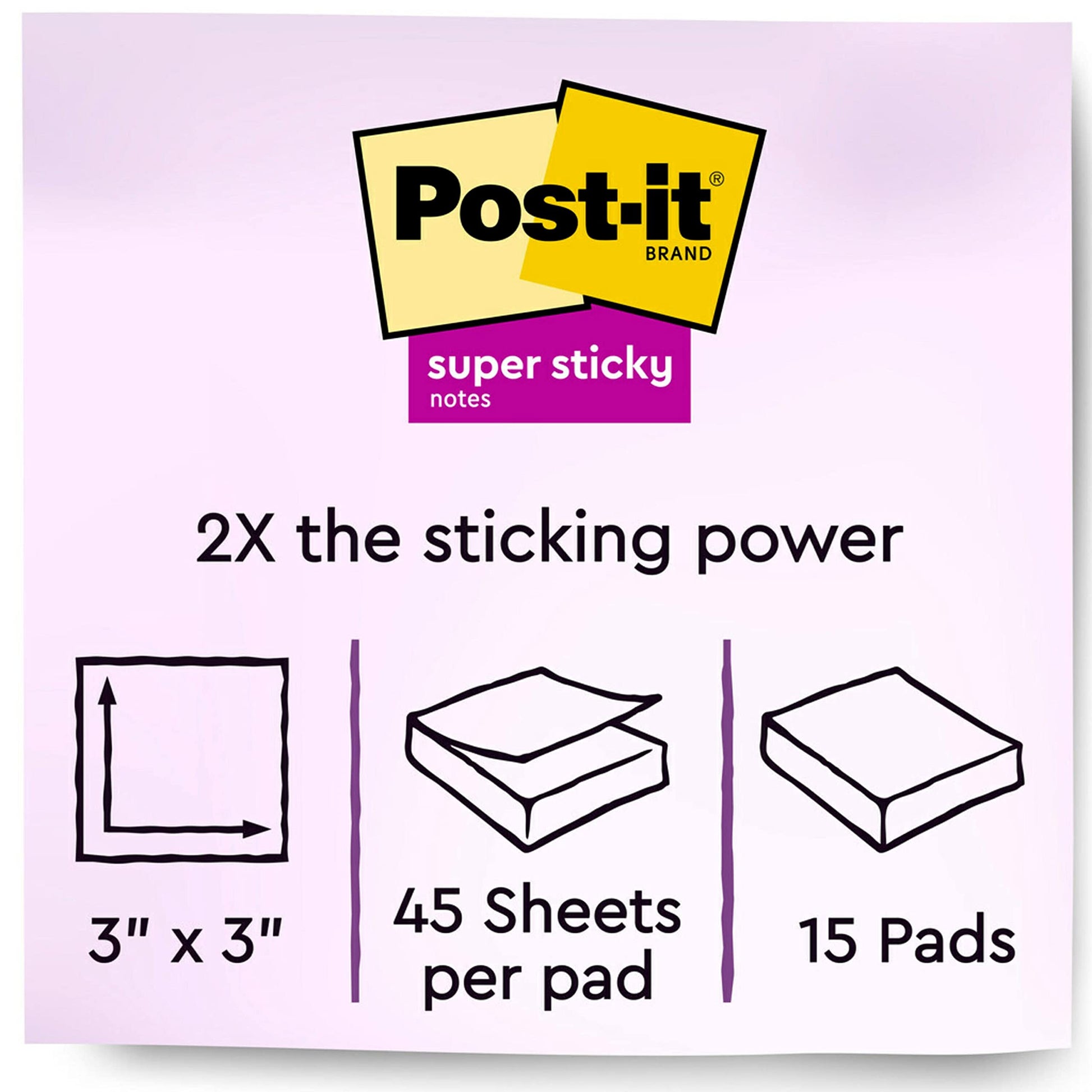 Post-it Super Sticky Notes, 3x3 in, Assorted Pastel Colors, 15 Pads, 2X The Sticking Power, Recyclable (654-15SSPS)
