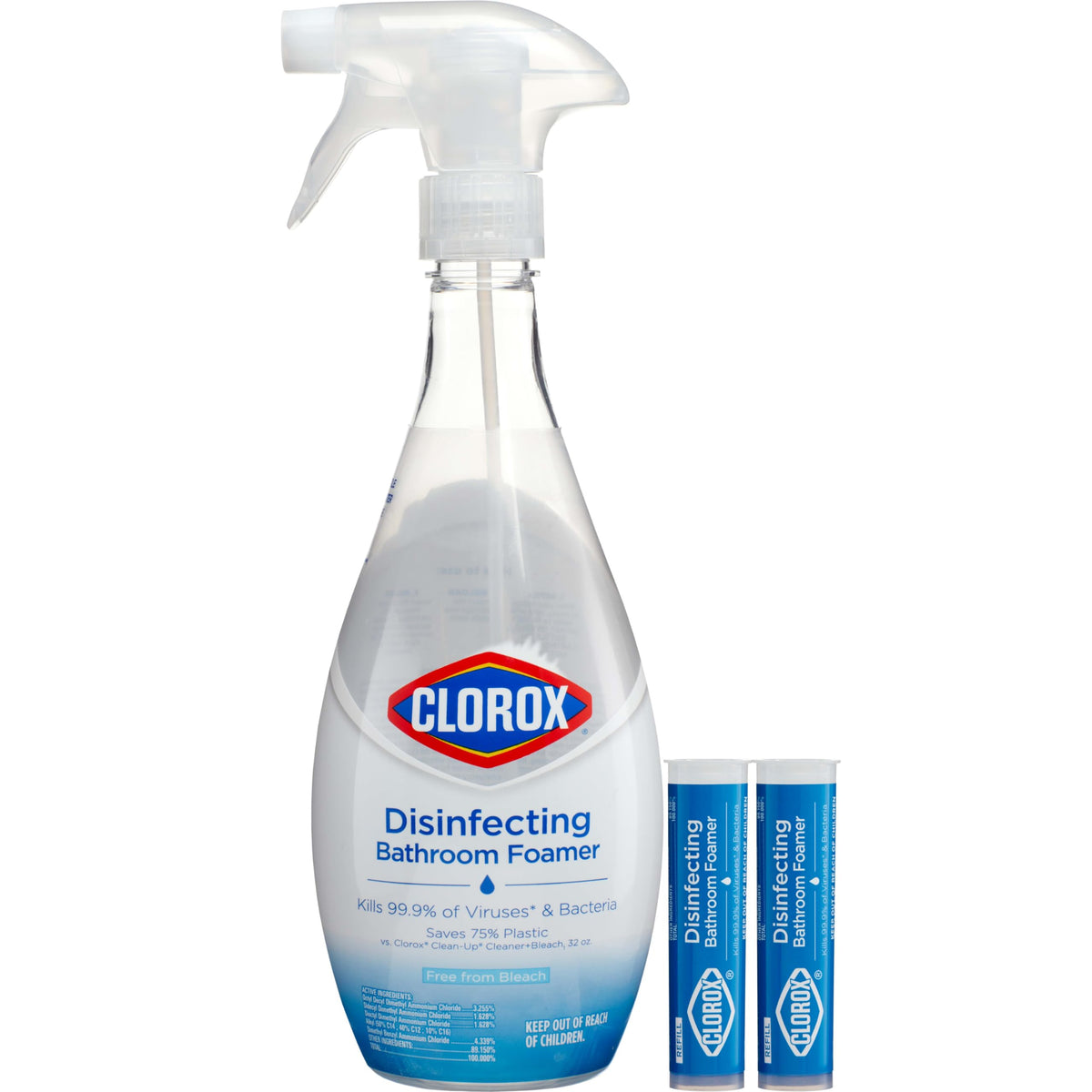 Clorox Disinfecting Bathroom Foamer Starter Kit with One Reusable Bottle Plus 2 Refill Cartridges, Household Essentials, Makes 50 Ounces of Cleaner