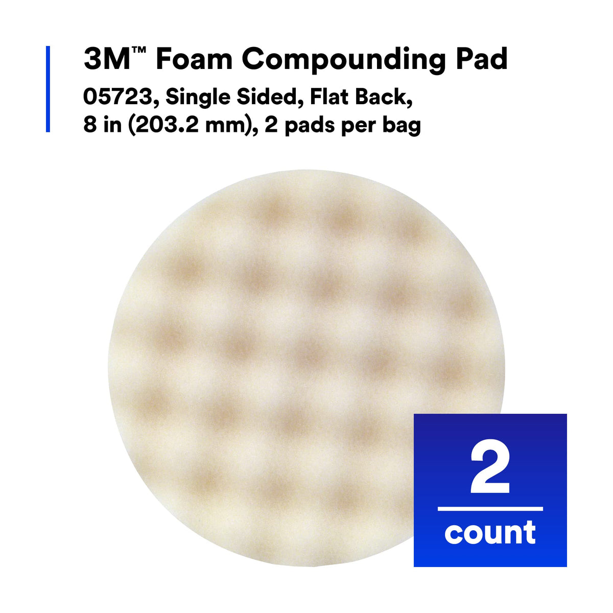 3M Foam Compounding Pad, 05723, Single Sided, Flat Back, Hook and Loop, 8 in (203.2 mm), 2 Pads/Bag