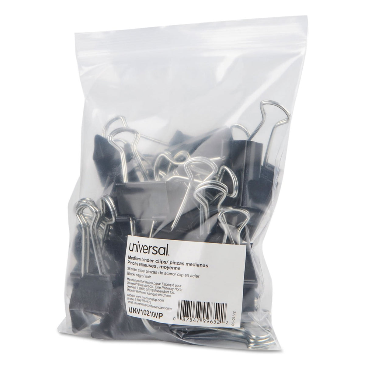 Universal UNV10210VP Binder Clips in Zip-Seal Bag - Medium, Black/Silver (36/Pack)