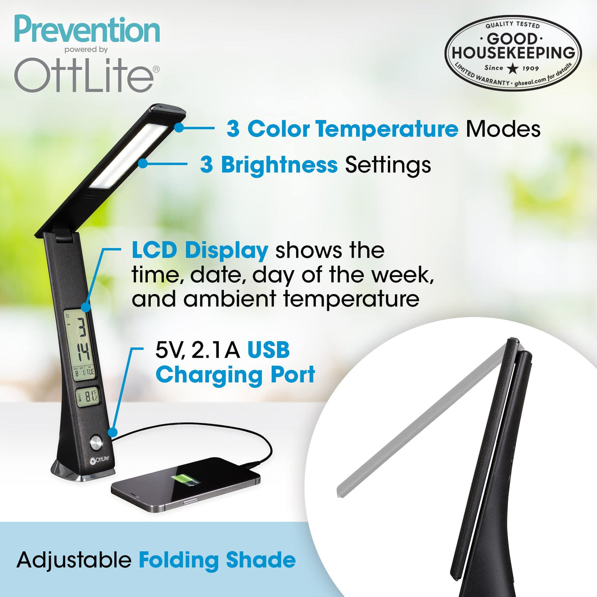 Prevention by OttLite LED Task Adjustable Lamp with Digital Display - Designed to Reduce Eyestrain - Adjustable Neck, 3 Color Modes & USB Charging - Crafting, Office Work, Reading & Studying