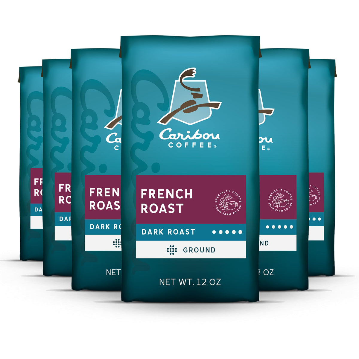 Caribou Coffee, Dark Roast Ground Coffee - French Roast 72 Ounces (6 Bags of 12 Ounces)