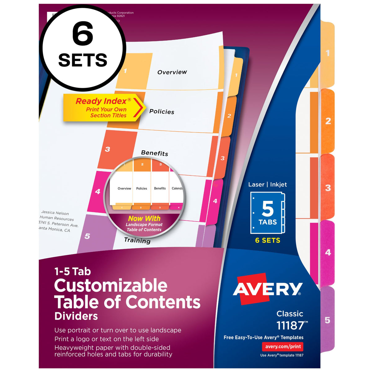 Avery 5 Tab Dividers for 3 Ring Binders, Customizable Table of Contents, Multicolor Tabs, 6 Sets (11187)