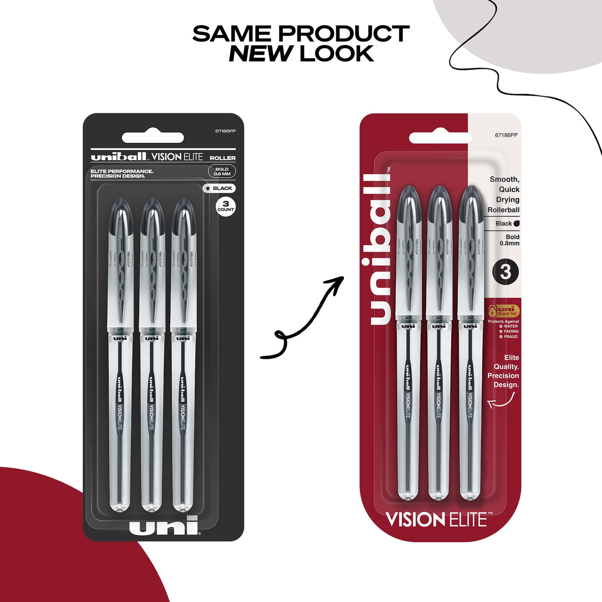 Uniball Vision Elite Bold Rollerball Pens; Black Ink; Pack of 3; Fine Point Smooth Writing Pens; Office Supplies