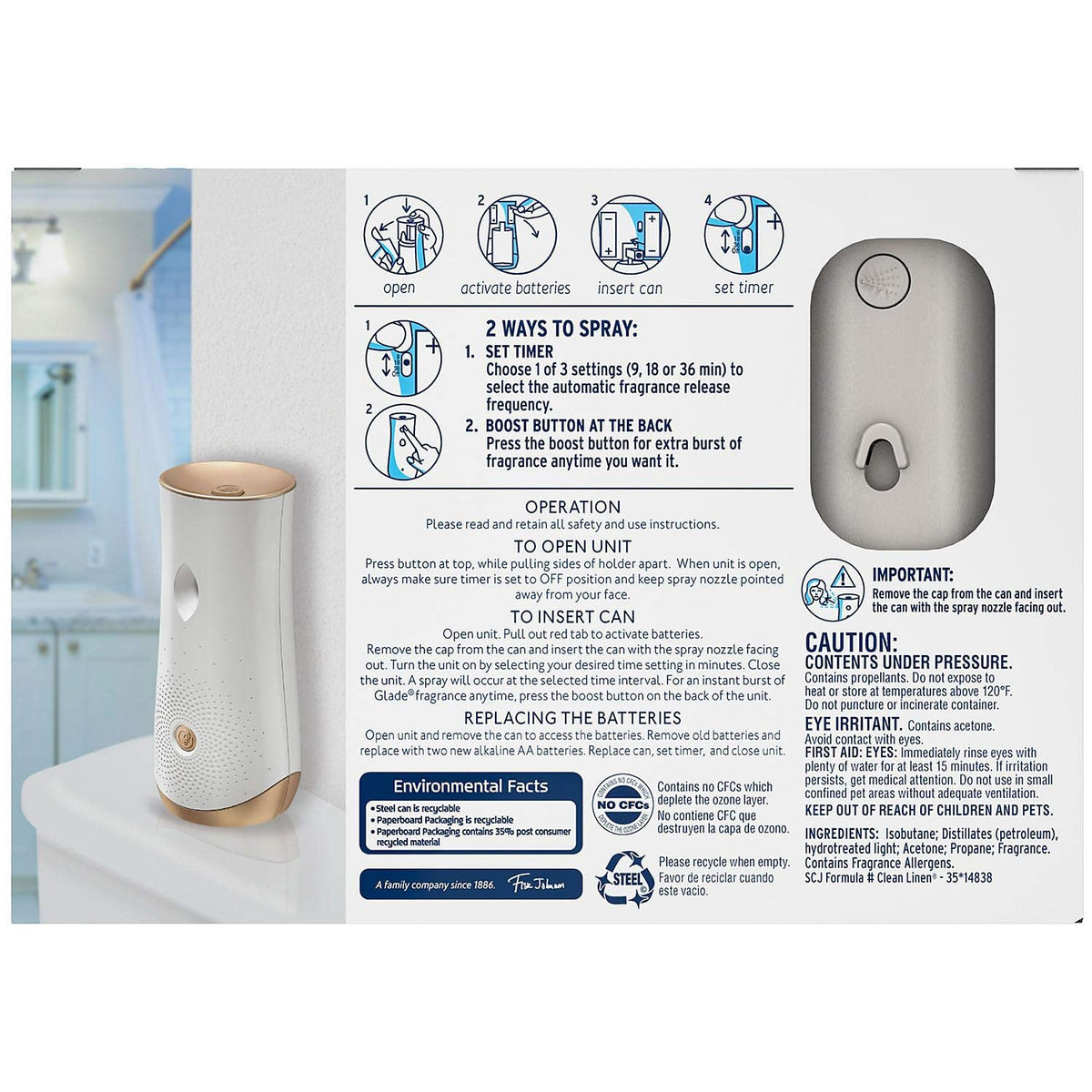 Glade Automatic Spray Air Freshener 1 Holder + 3 Refills - Clean Linen