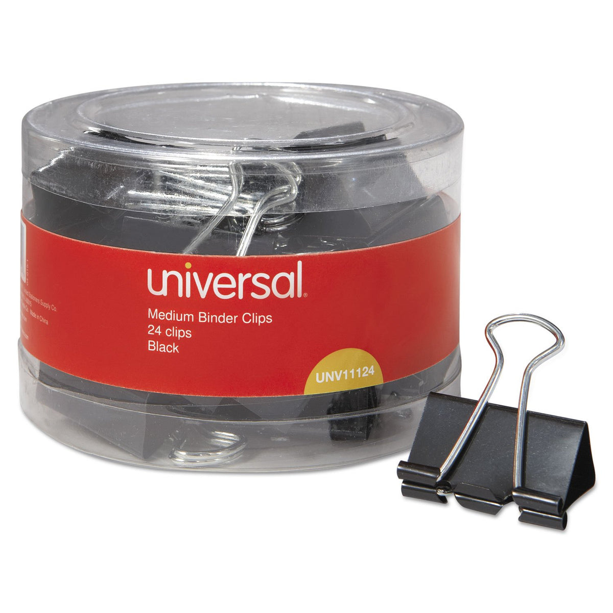 Universal UNV11124 Binder Clips with Storage Tub - Medium, Black/Silver (24/Pack)