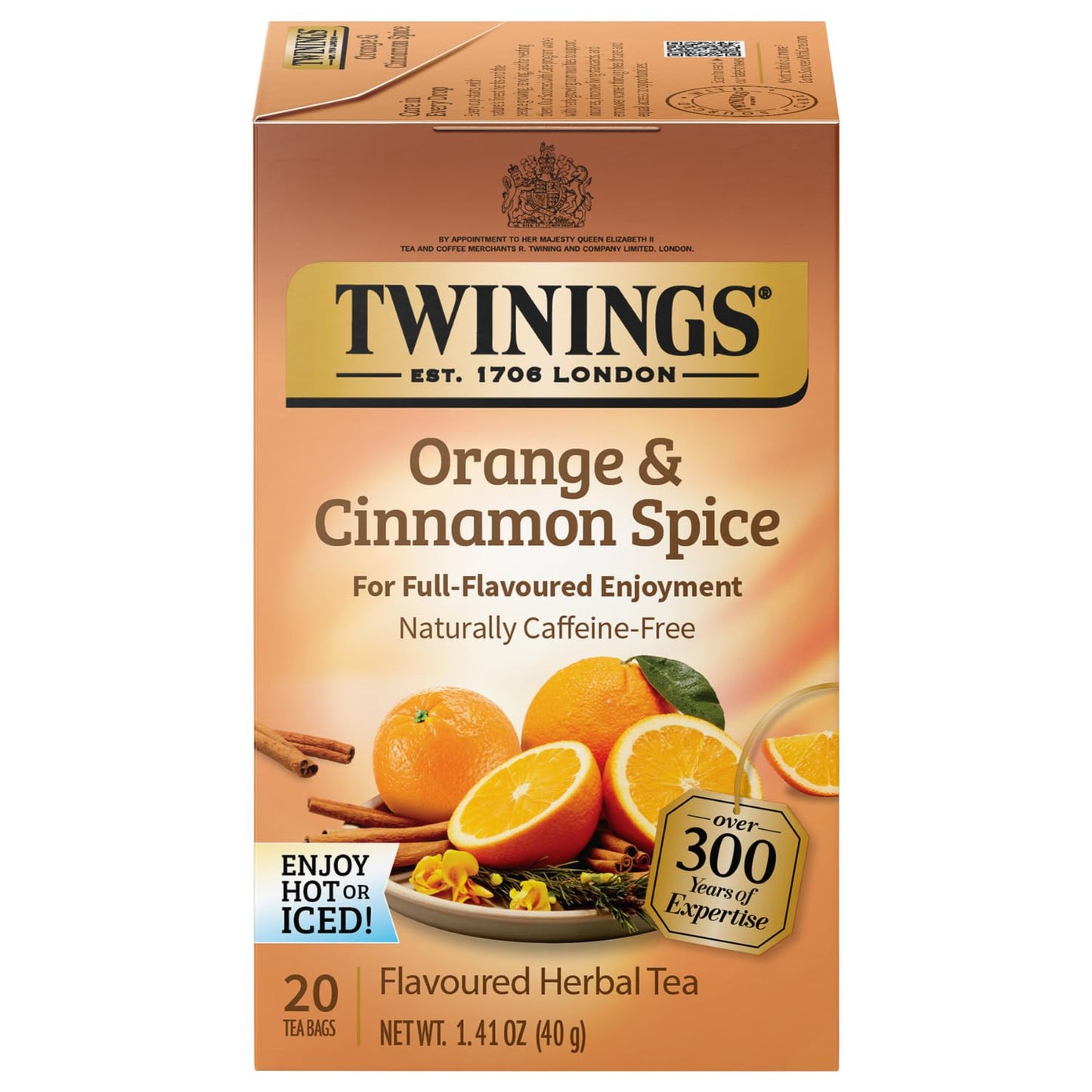 Twinings Orange & Cinnamon Spice Tea, Naturally Caffeine-Free Sweet and Spicy Tea with Rooibos, Orange, and Cinnamon, Herbal Tea Bags Individually Wrapped, 20 Count