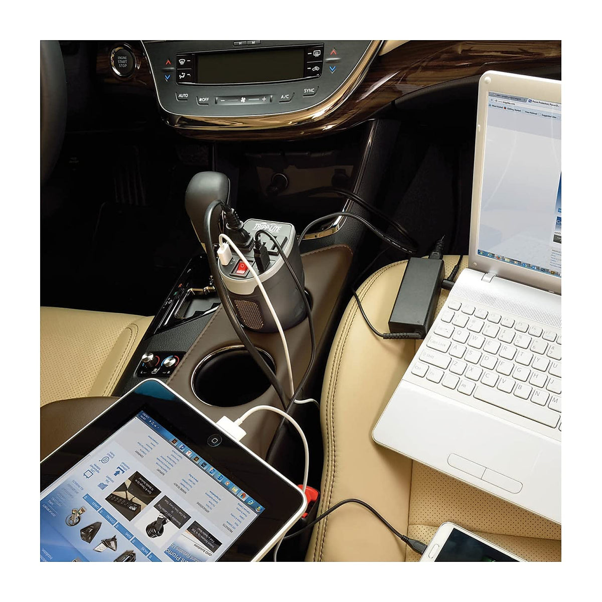 Tripp Lite 200W Car Power Inverter with 2 Outlets & 2 USB Charging Ports, Cup Holder Design, Auto Inverter (PV200CUSB),Gray