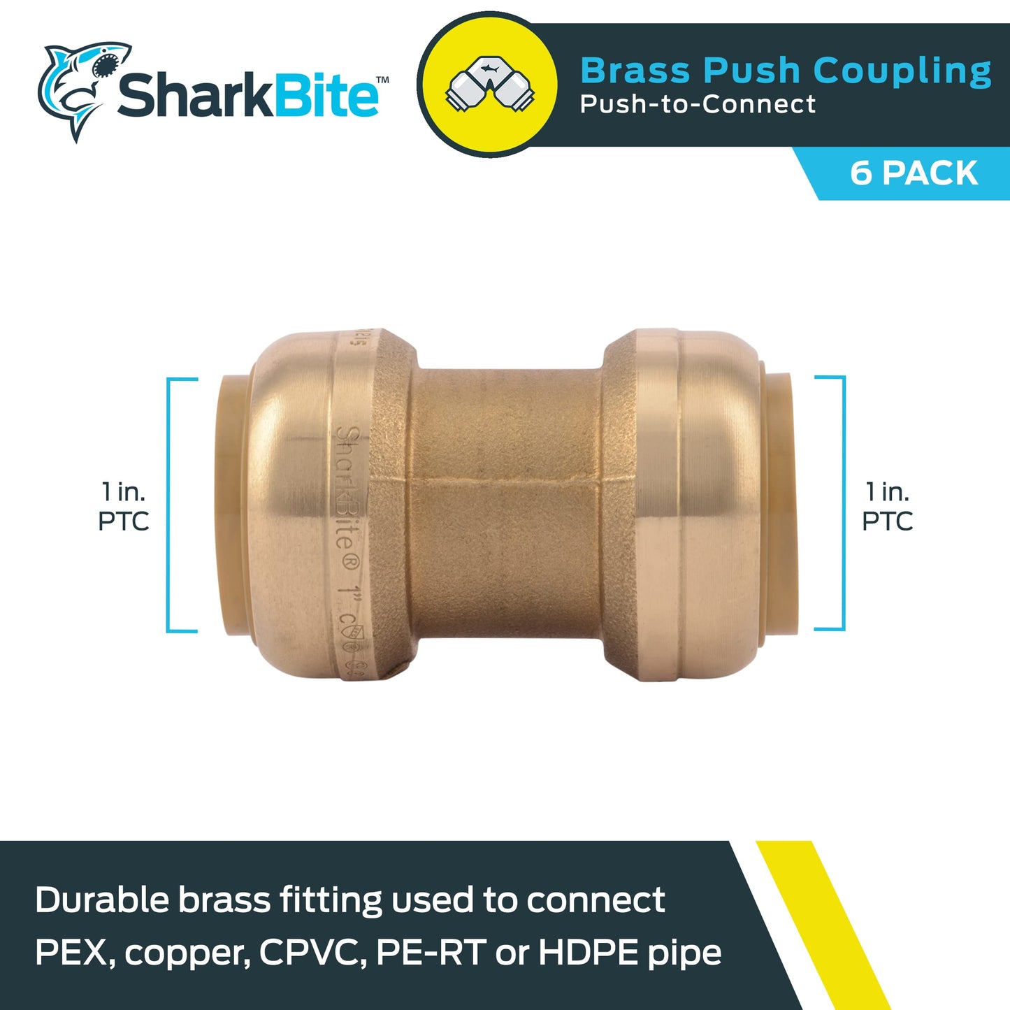 SharkBite 1 Inch Coupling, Pack of 6, Push to Connect Brass Plumbing Fitting, PEX Pipe, Copper, CPVC, PE-RT, HDPE, U020LF