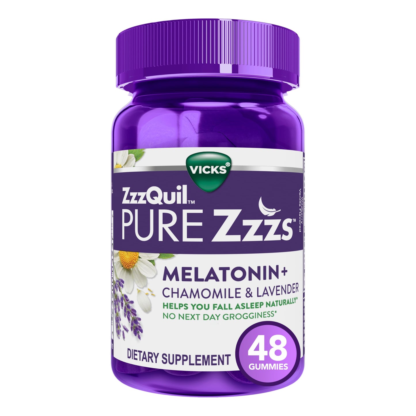 ZzzQuil Pure Zzzs Melatonin Sleep Aid Gummies, Helps You Fall Asleep Naturally, Wildberry Vanilla Flavored, Chamomile Lavender & Valerian Root, 1mg per Gummy, 48 Count