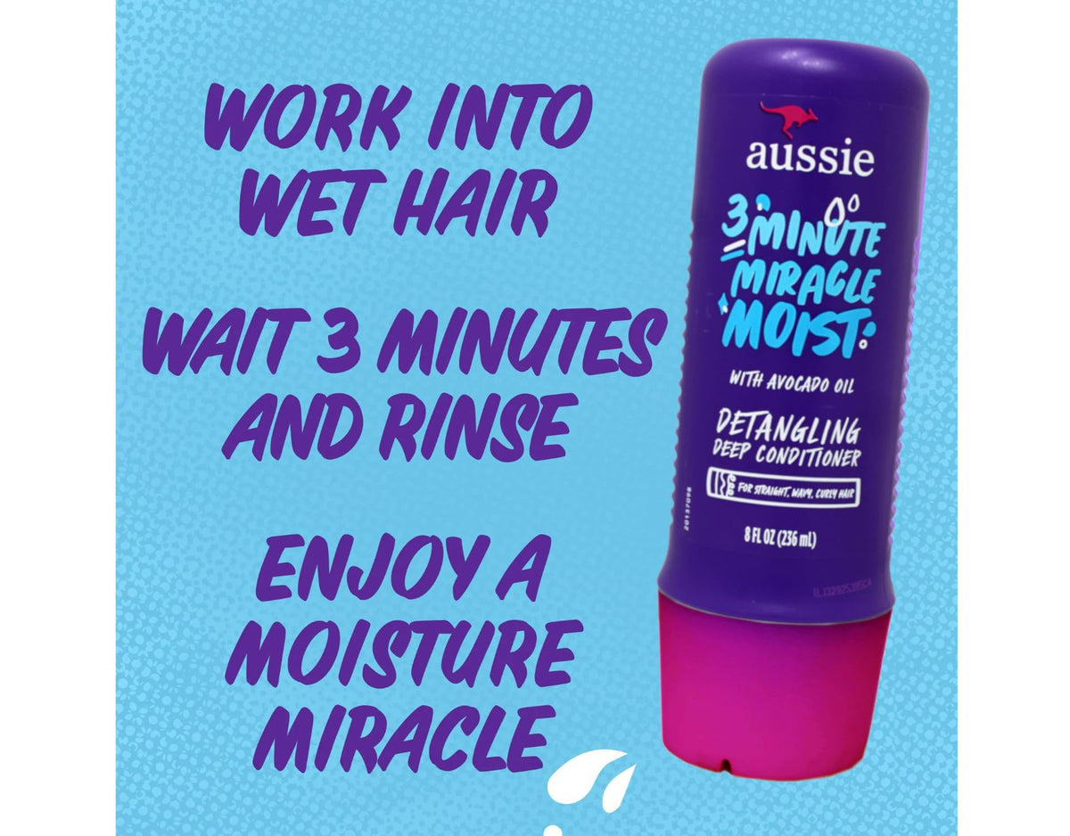 Aussie 3 Minute Miracle Moist Detangling Deep Conditioner Treatment with Avocado Oil, 8 fl oz, Paraben and Sulfate Free