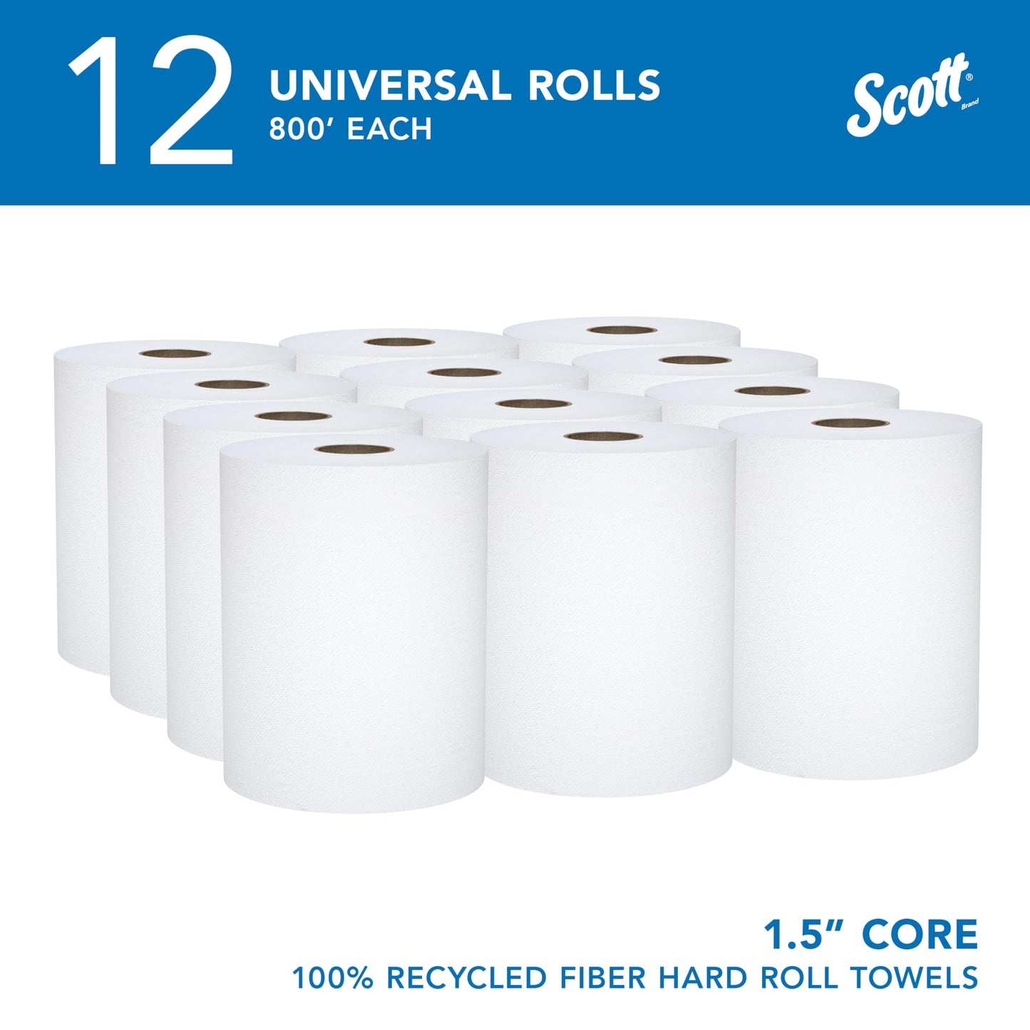 ScottÂ® Universal 100% Recycled Fiber Hard Roll Paper Towels, Bulk (01052), 1.5" Core, with Absorbency Pockets, White (800'/Roll, 12 Rolls/Case, 9,600'/Case)