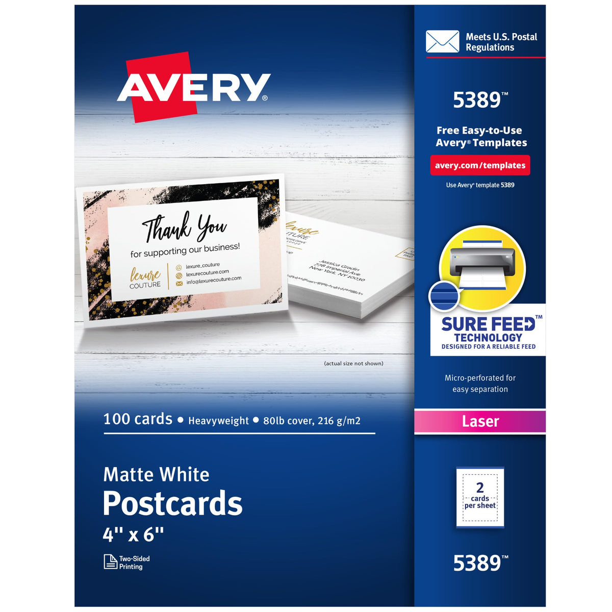 Avery Printable Postcards with Sure Feed Technology, 4" x 6", White, 100 Blank Postcards for Laser Printers (5389)