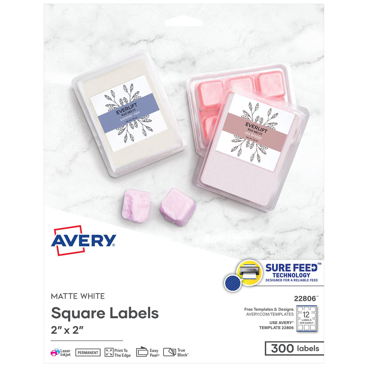 Avery Printable Blank Square Labels, 2" x 2", Matte White, 300 Customizable Labels (22806)