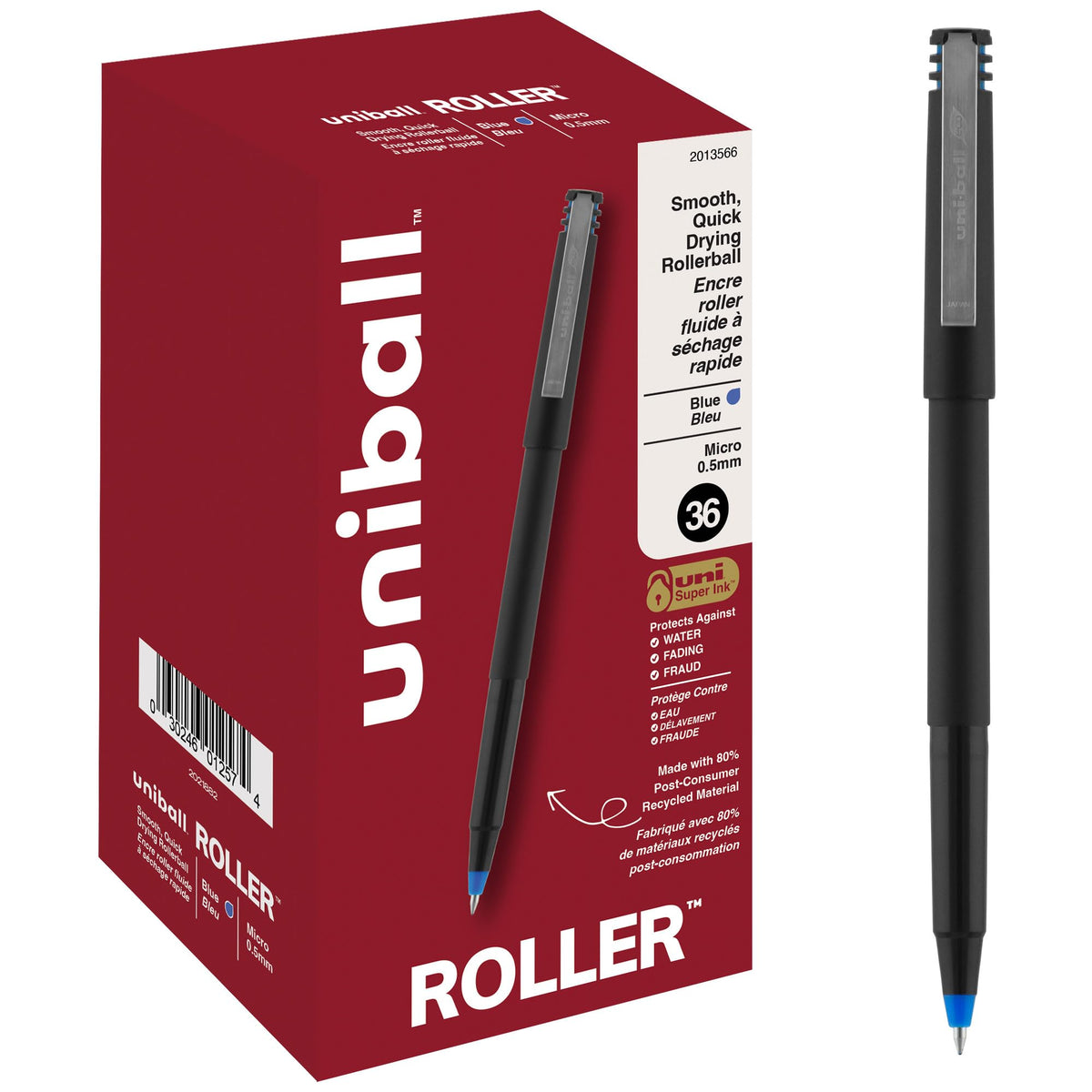 uni-ball Stick Roller Ball Pen, Micro 0.5mm, Blue Ink, Black Barrel, 72/Pack (2013566)