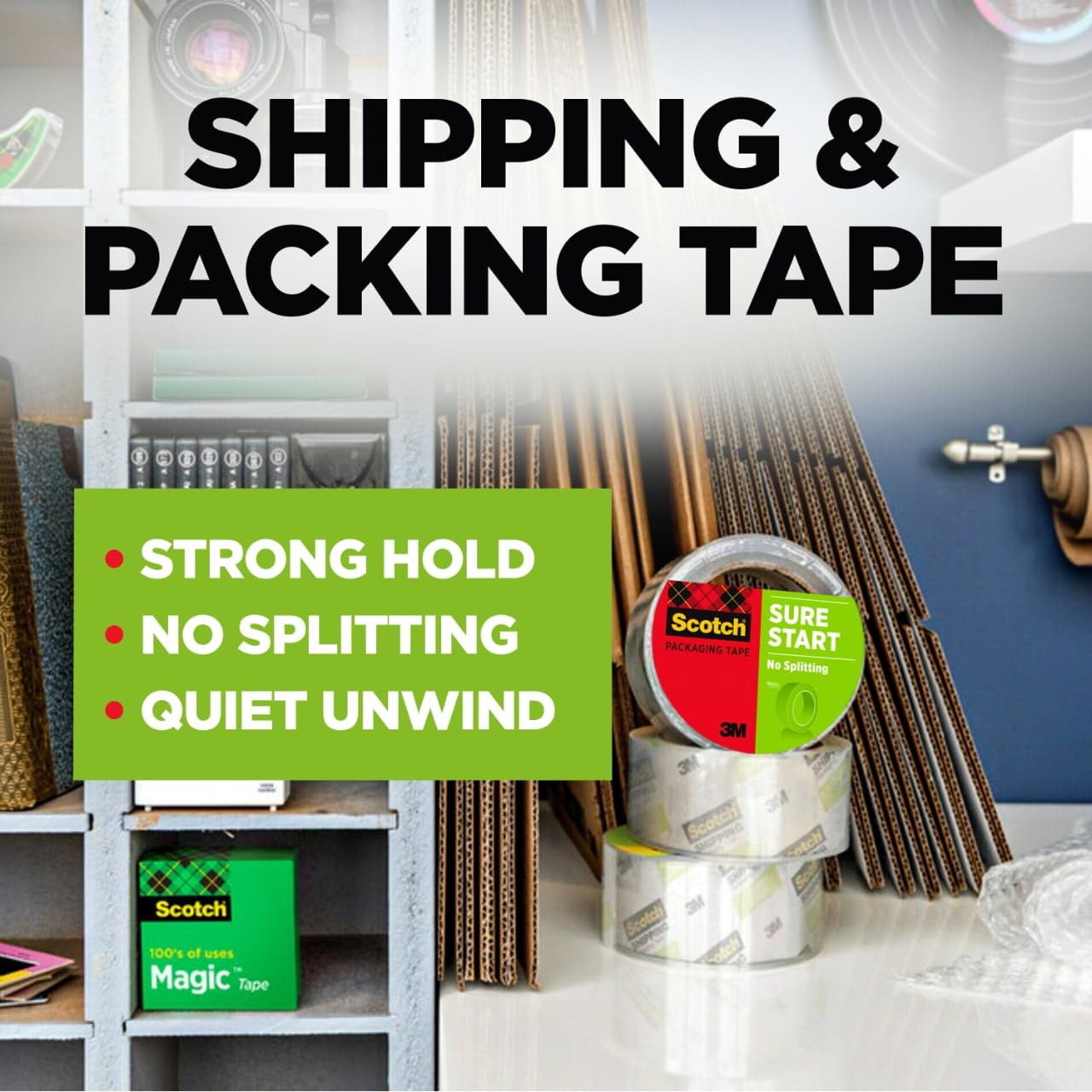 Scotch Sure Start Shipping Packaging Tape, 1.88" x 54.6 yd, Designed for Packing, Shipping and Mailing, No Splitting or Tearing, 3" Core, Clear, 8 Rolls (3450-8)