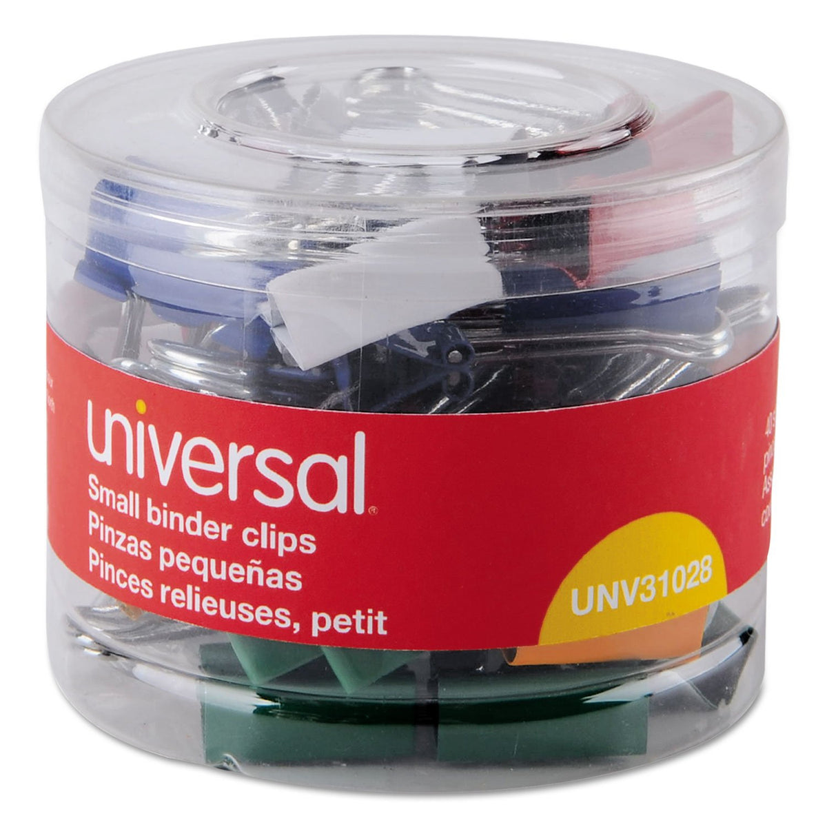 Universal UNV31028 Binder Clips with Storage Tub - Small, Assorted (40/Pack)