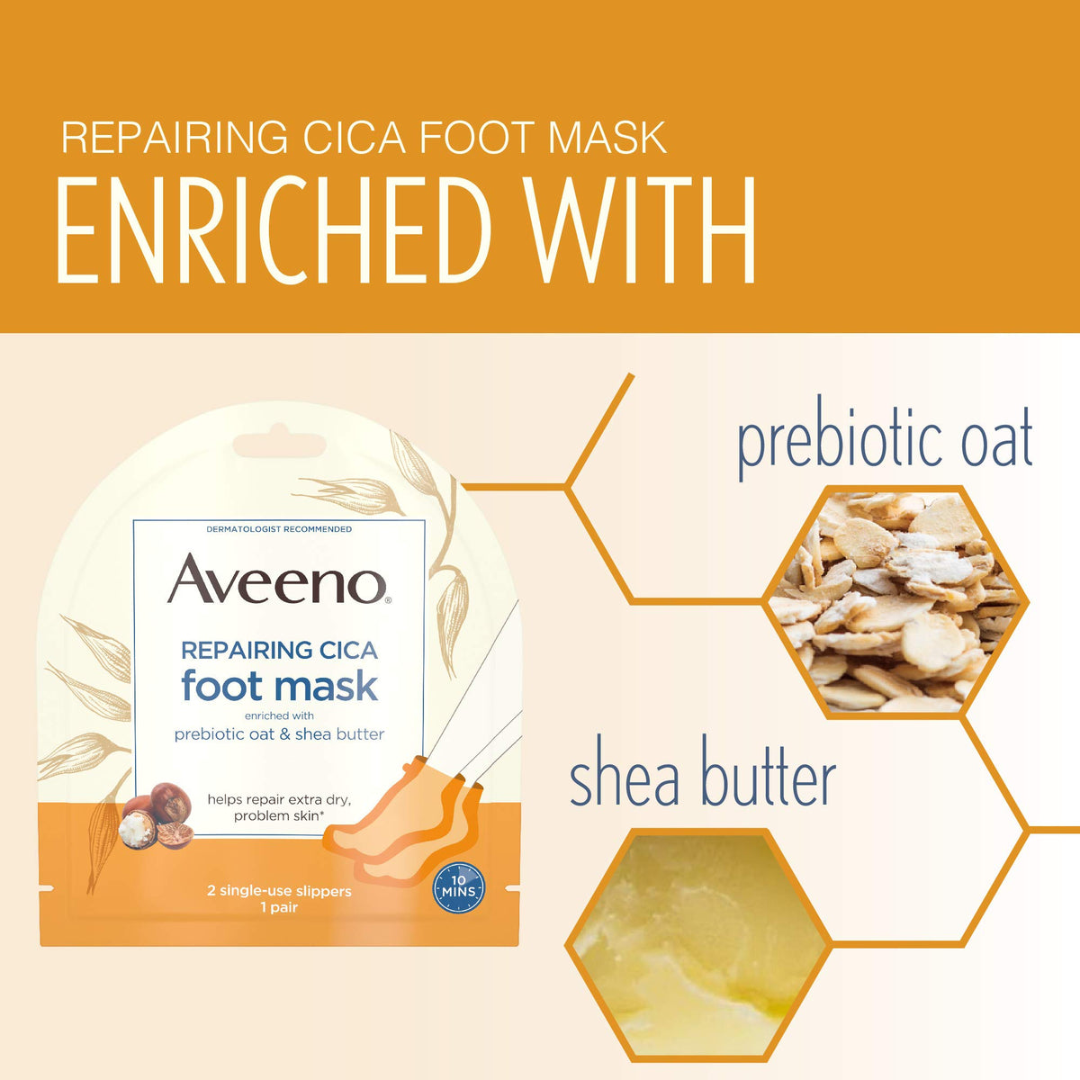 Aveeno Repairing CICA Foot Mask with Prebiotic Oat and Shea Butter, Moisturizing Foot Mask for Extra Dry Skin, 6 Pairs of Single-Use Slippers