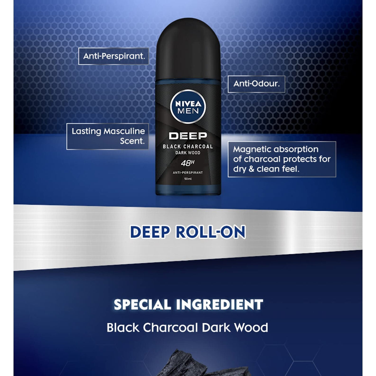 Nivea For Men Deodorant Roll-On Dimension - Dark Wood Anti Perspirant, 48h 1.7oz/50ml (Pack of 3)
