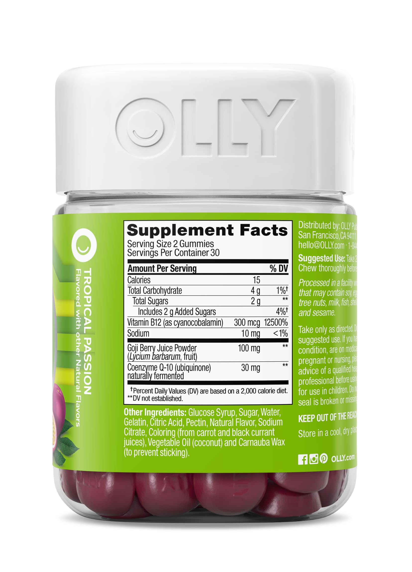 OLLY Daily Energy Gummy, Caffeine Free, Vitamin B12, CoQ10, Goji Berry, Adult Chewable Supplement, Tropical Flavor - 60 Count
