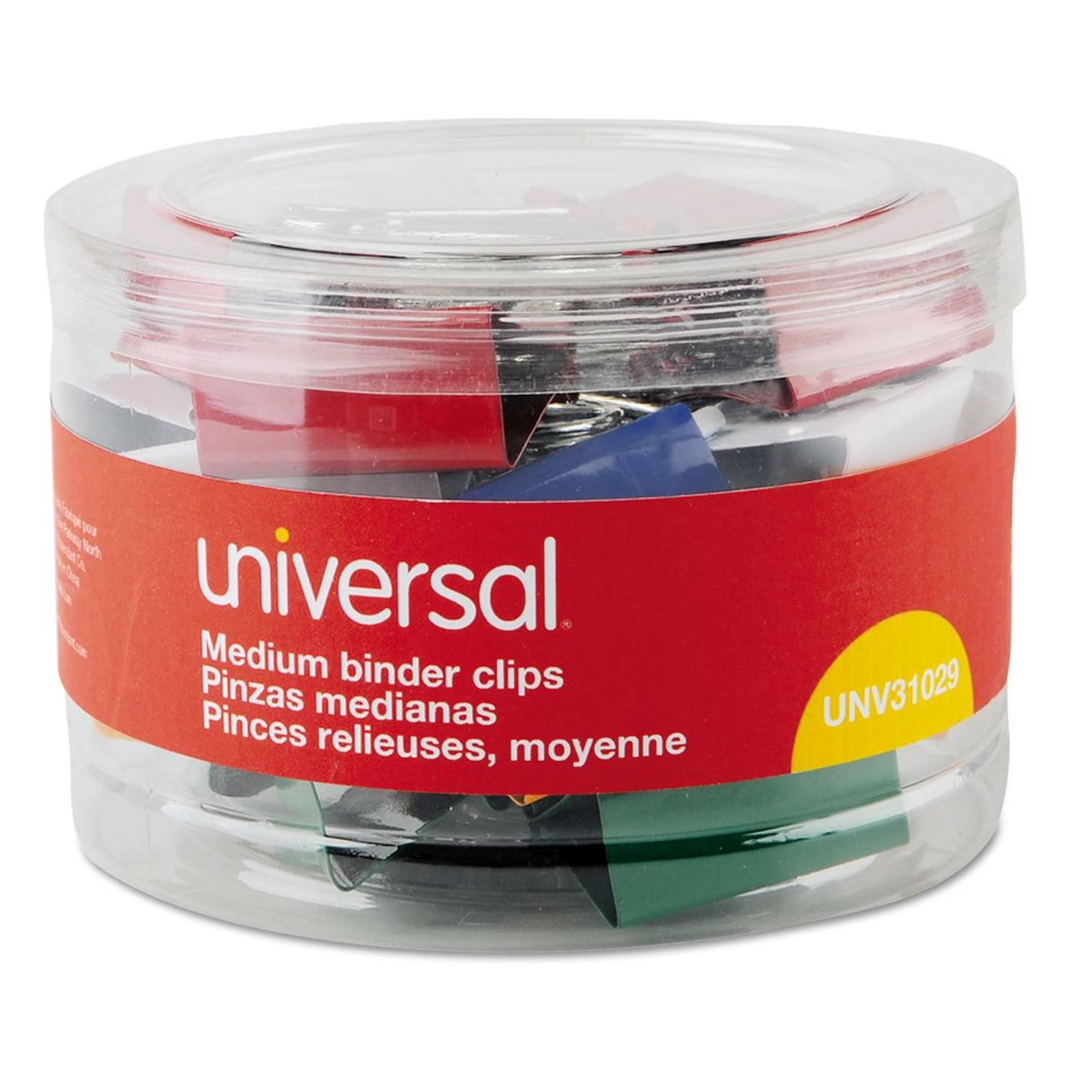Universal UNV31029 Binder Clips with Storage Tub - Medium, Assorted (24/Pack)