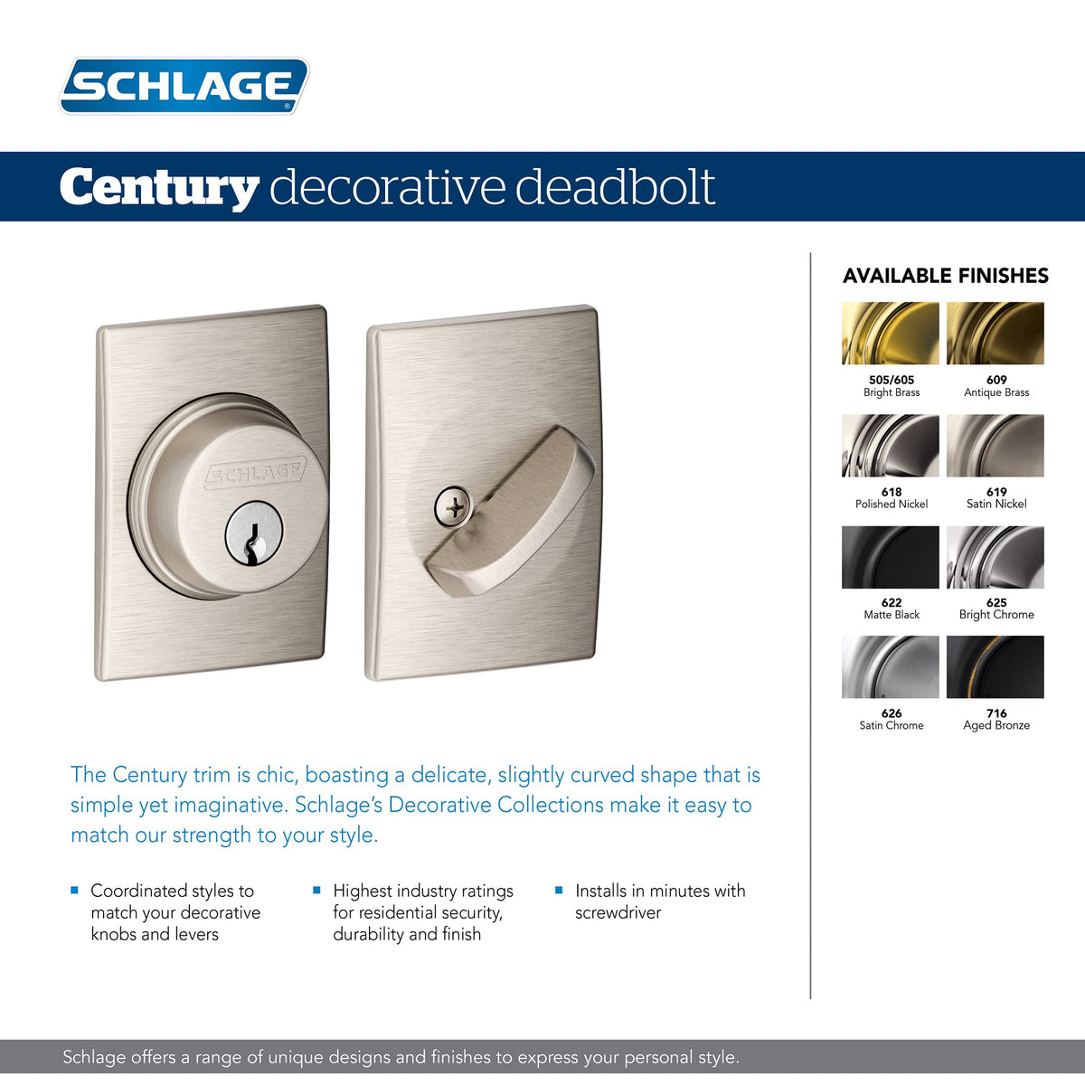 SCHLAGE Lock Company Single Cylinder Deadbolt with Century Trim, Bright Chrome (B60 N CEN 625)