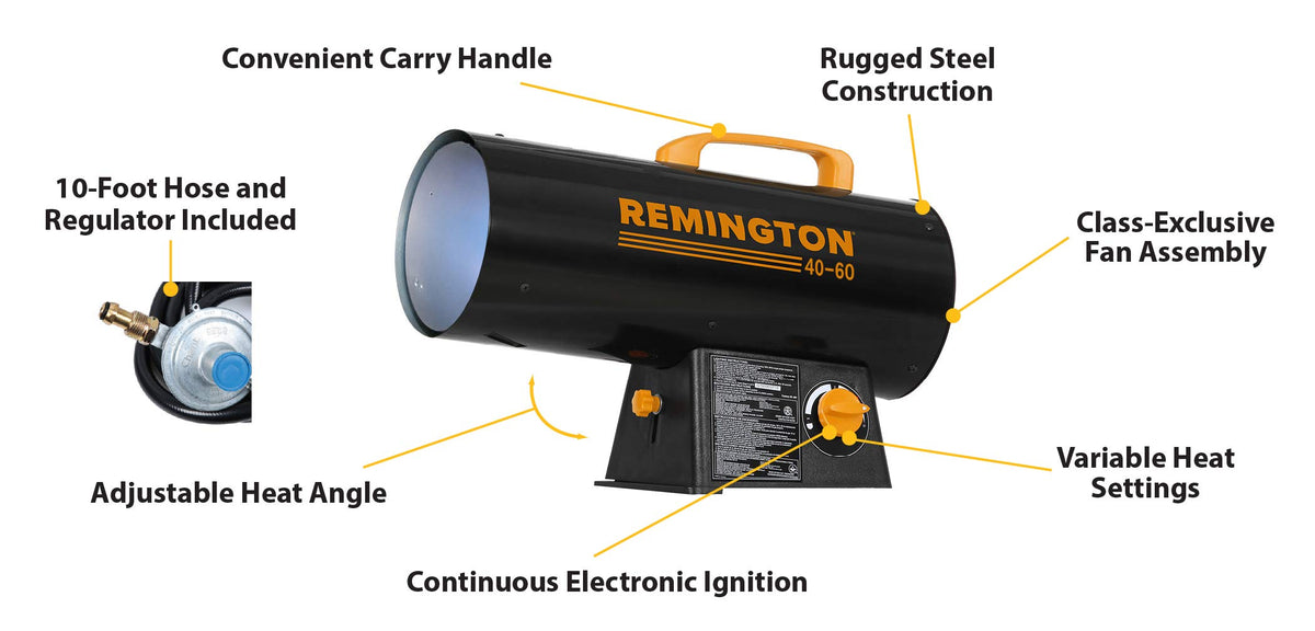 Remington 60,000 BTU Portable LP Propane Space Heater | For Garages, Barns and Workshops up to 1500 Sq feet (REM-60V-GFA-O)