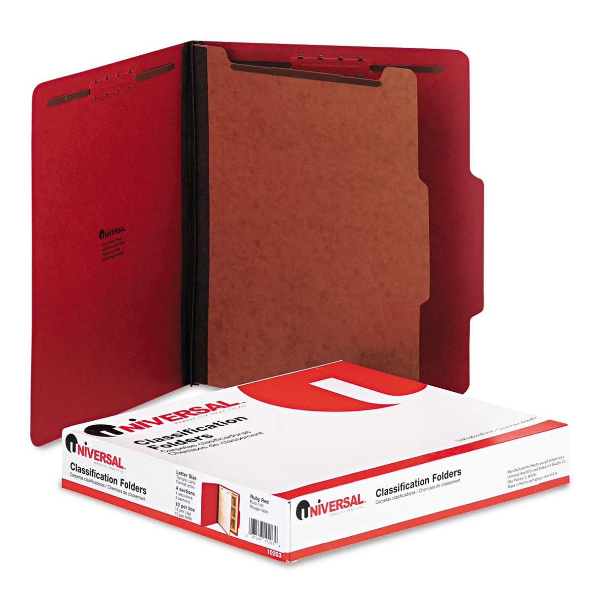 Universal UNV10203 Bright Colored Pressboard Classification Folders - Letter, Ruby Red (10/Box)